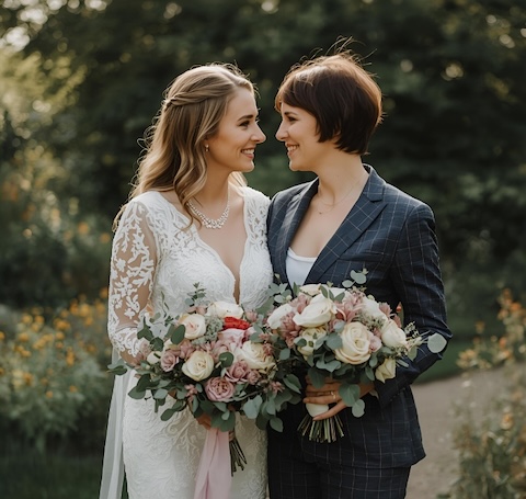 Two brides holding hands at the altar